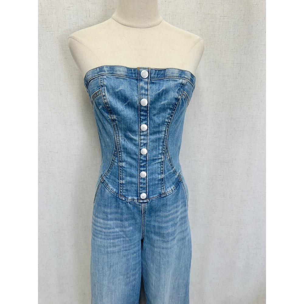 Pilcro Strapless Denim Corset Jumpsuit‎ Womens 6 Light Blue Wide Leg Corset - Picture 3 of 16